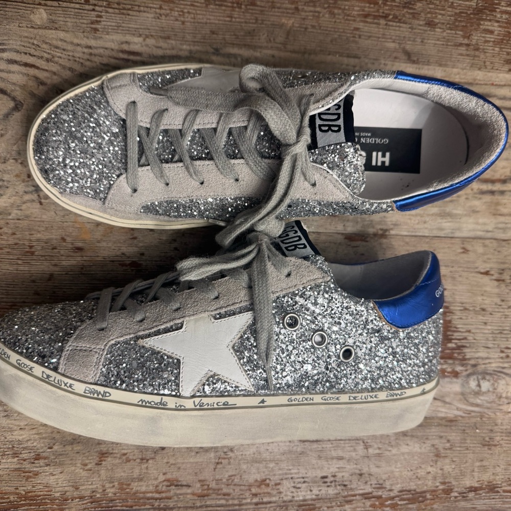 Golden Goose Glitter Sneakers with Blue Accent 38 like new!!! Numbered!!